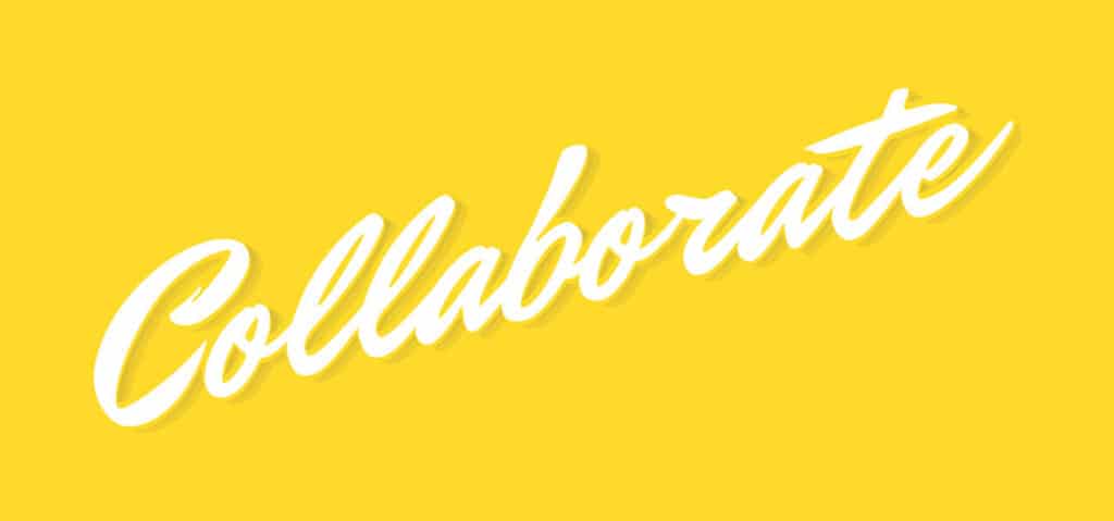 a yellow background with “Collaborate” text, portfolio