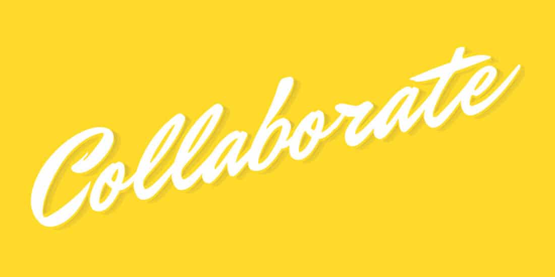 a yellow background with “Collaborate” text, portfolio