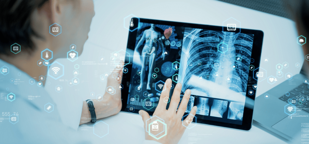 Lab doctor with tablet showing a xray of ribs - MDL Technology