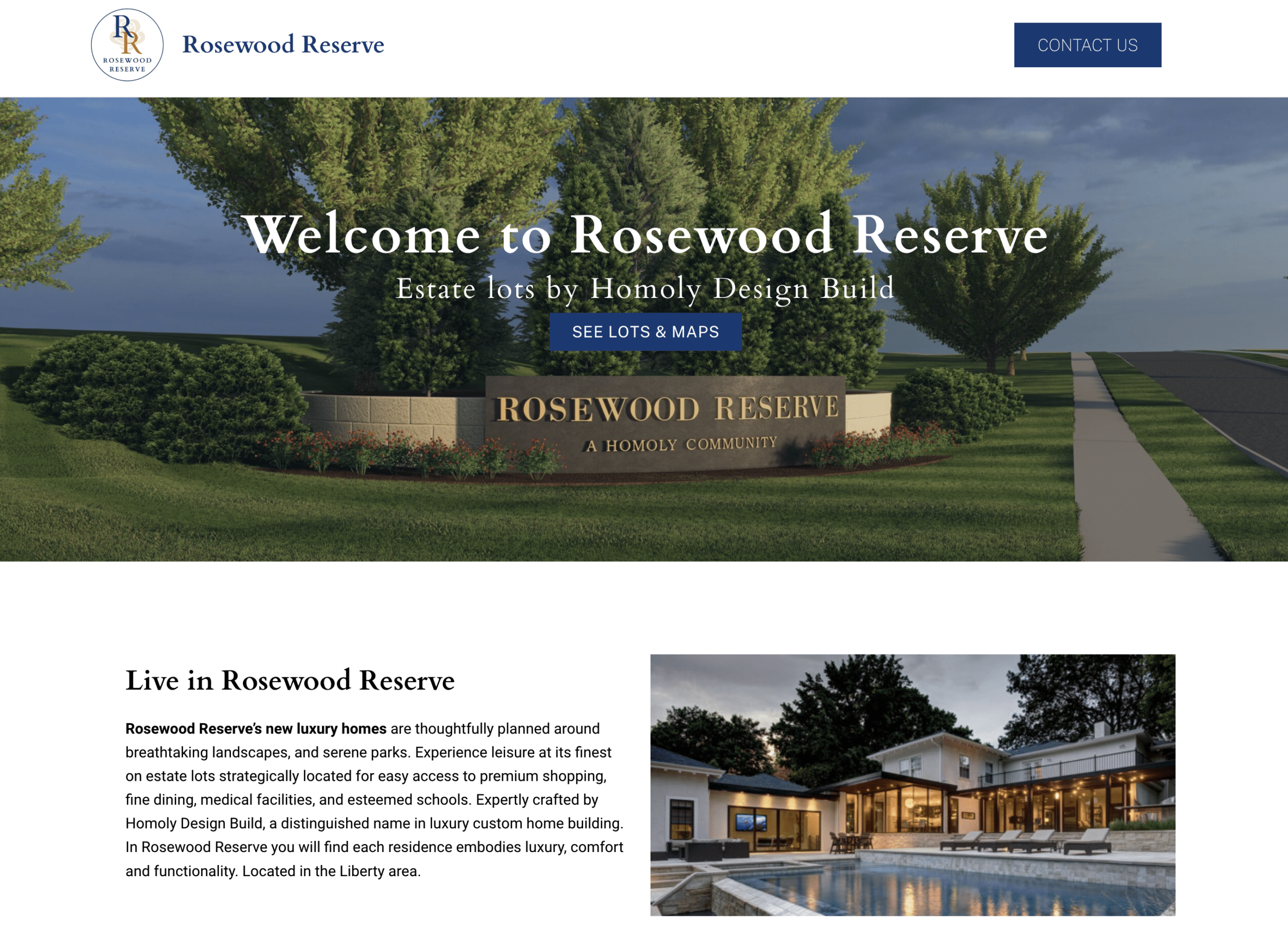Landing page for Homoly Construction's newest custom-built home development, Rosewood Reserve