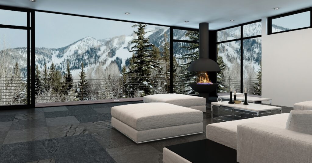 living room with icy mountain view