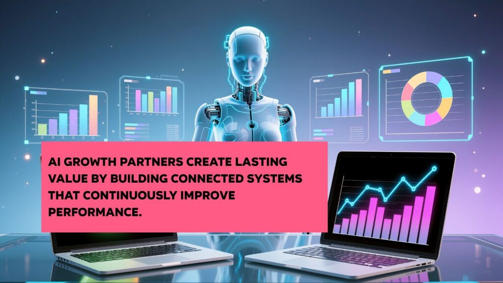 a robot surrounded by digital graphs and an overlay text that says "AI agency growth partners create lasting value."