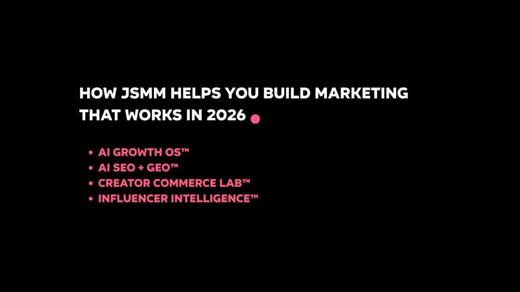 a white and pink text over black background talking about how JSMM can help businesses improve marketing dashboards to real business growth
