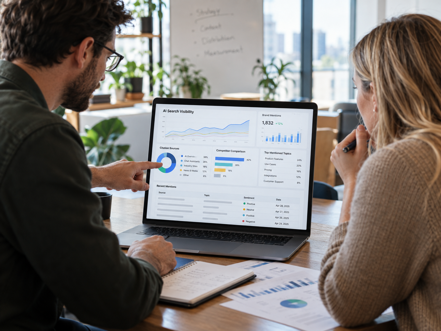 Two marketing professionals reviewing AI search visibility charts and performance data.